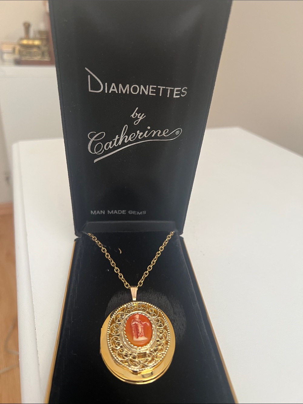 Diamonettes by Catherine Gold-Tone Necklace with Orange Cameo Pendant -Heirloom